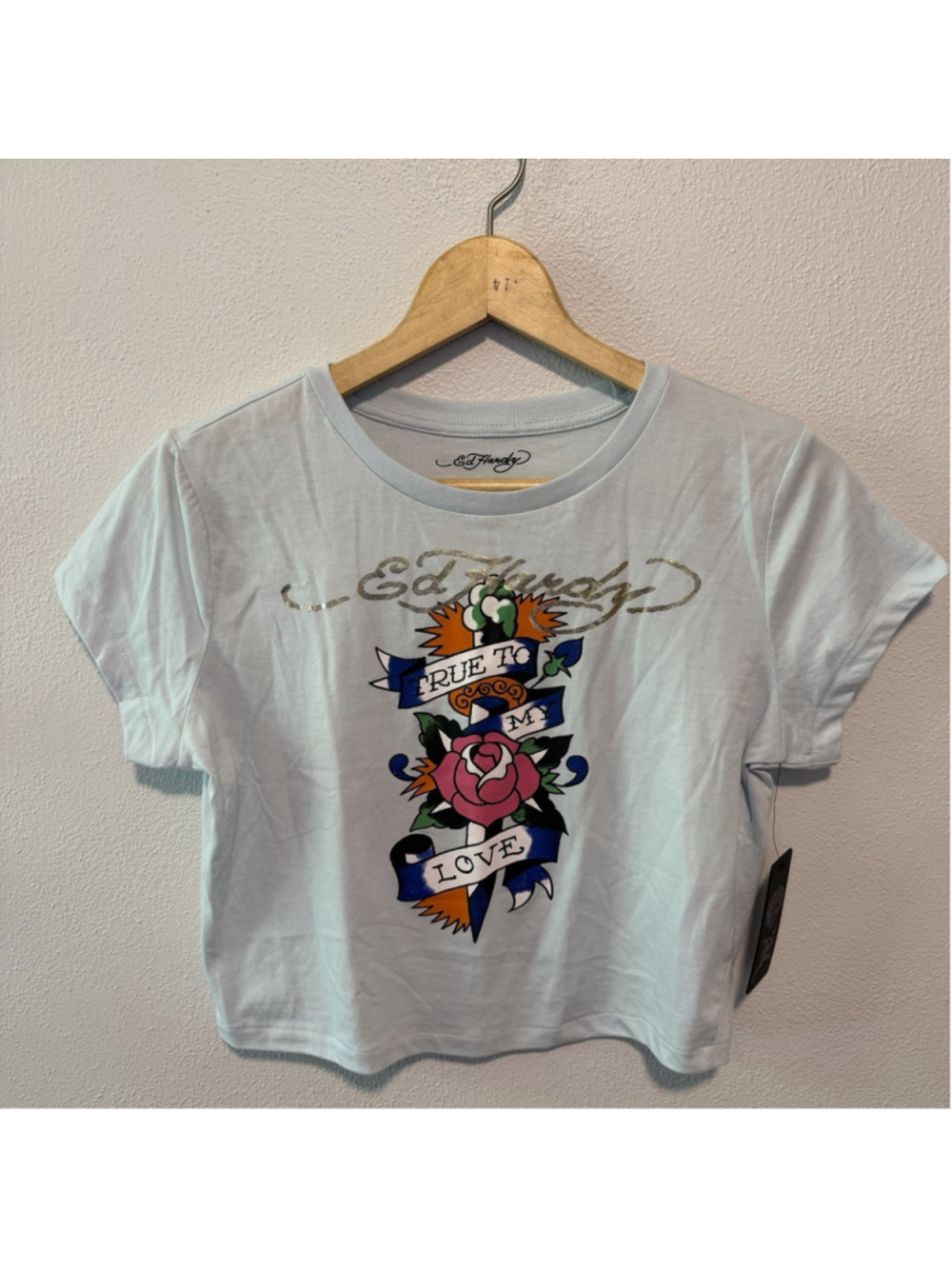 NEW Ed Hardy True To My Love Crop Top Baby T Shirt Womens L Metallic Grunge Y2K